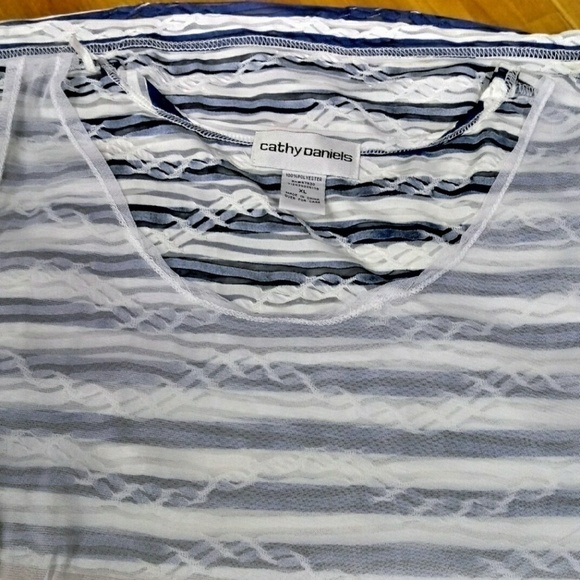 Cathy Daniels Blue White Striped Sheer Tulle Detail Scoop Neck Long Sleeve Top - Picture 6 of 8